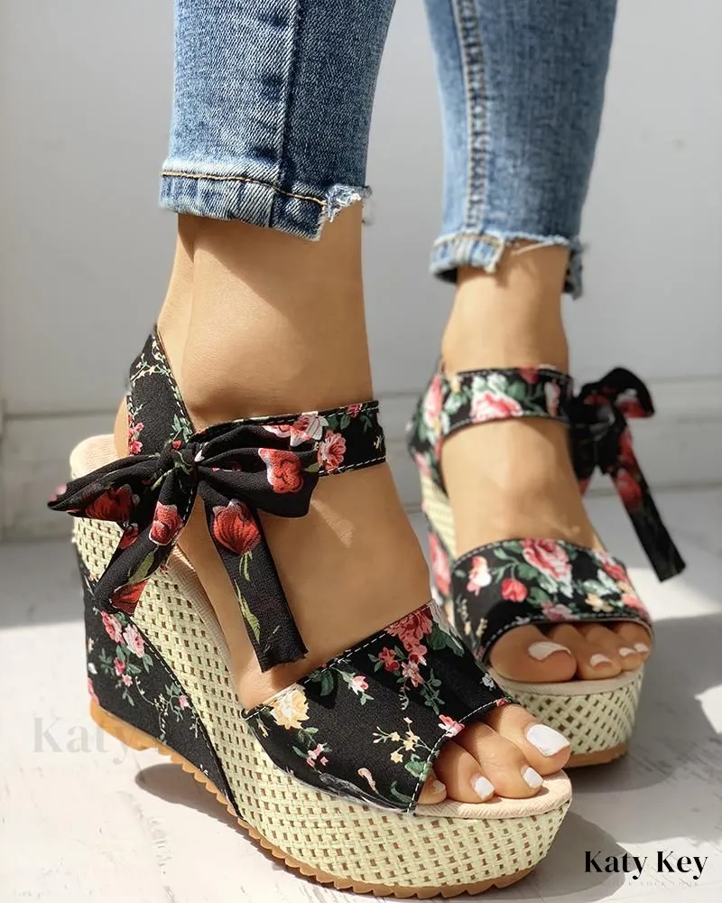 KatyKey - Bowknot-Embellished Platform Espadrille Wedge Sandals