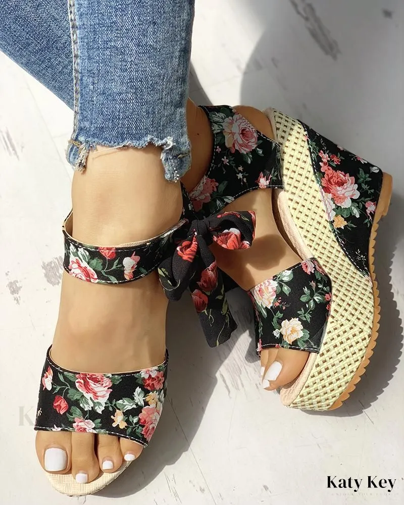 KatyKey - Bowknot-Embellished Platform Espadrille Wedge Sandals