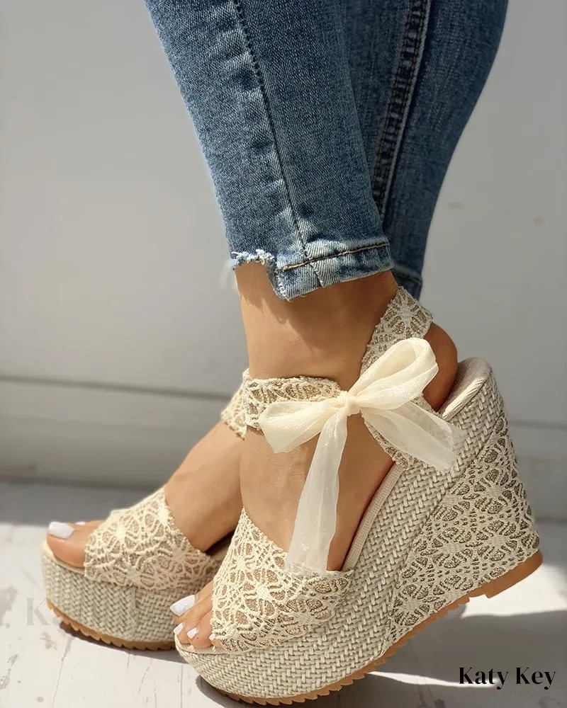 KatyKey - Bowknot-Embellished Platform Espadrille Wedge Sandals