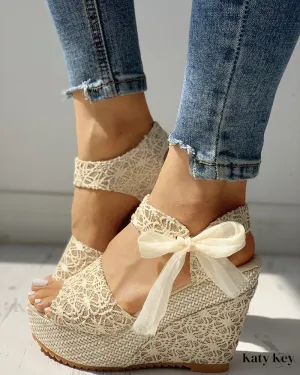KatyKey - Bowknot-Embellished Platform Espadrille Wedge Sandals