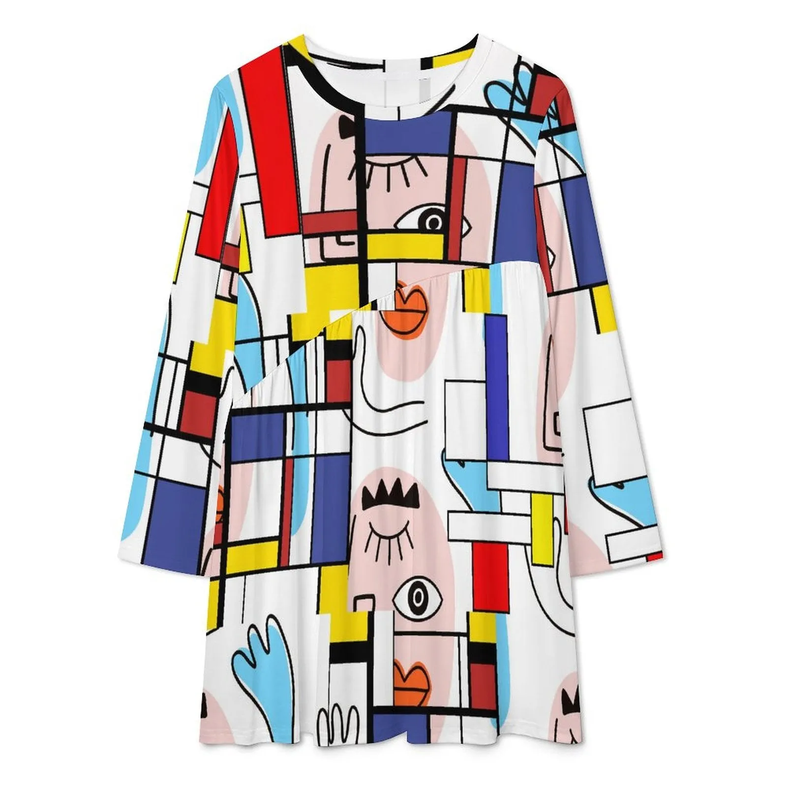 Mondrian Boho Evil Eye Patchwork Long Sleeve T-shirt Dress