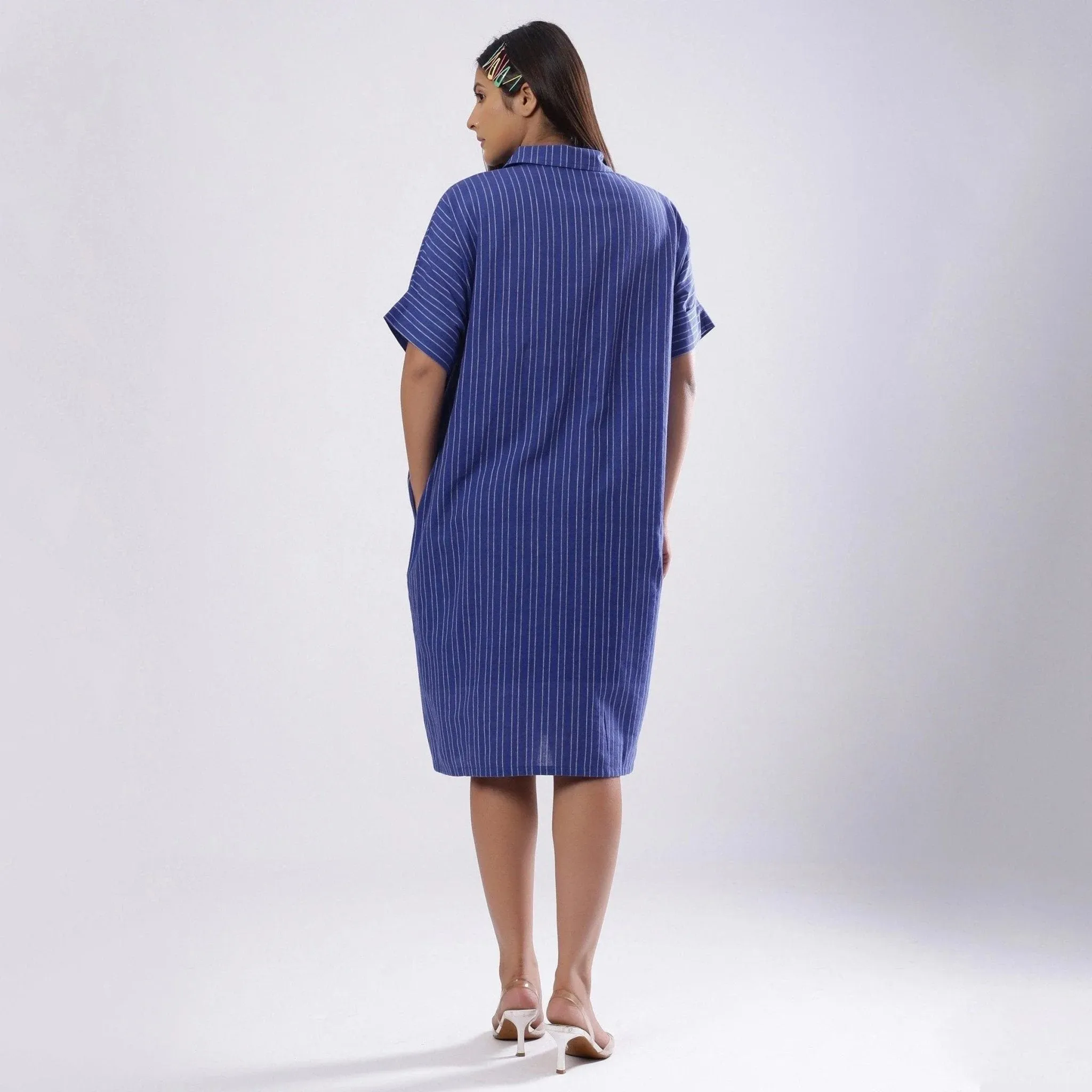 Navy Blue Azo-Free Dyed Cotton Knee Length Shirt Dress