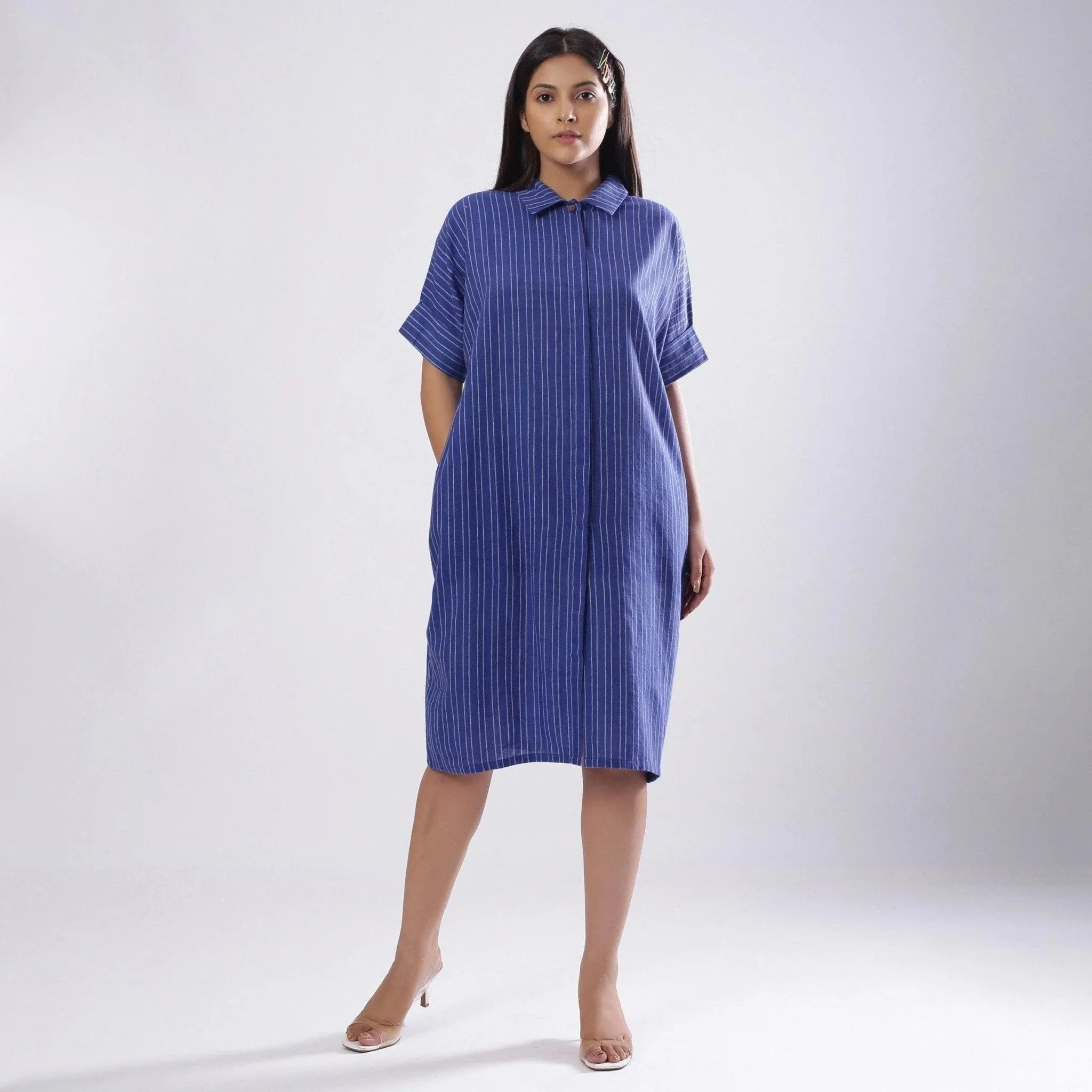 Navy Blue Azo-Free Dyed Cotton Knee Length Shirt Dress