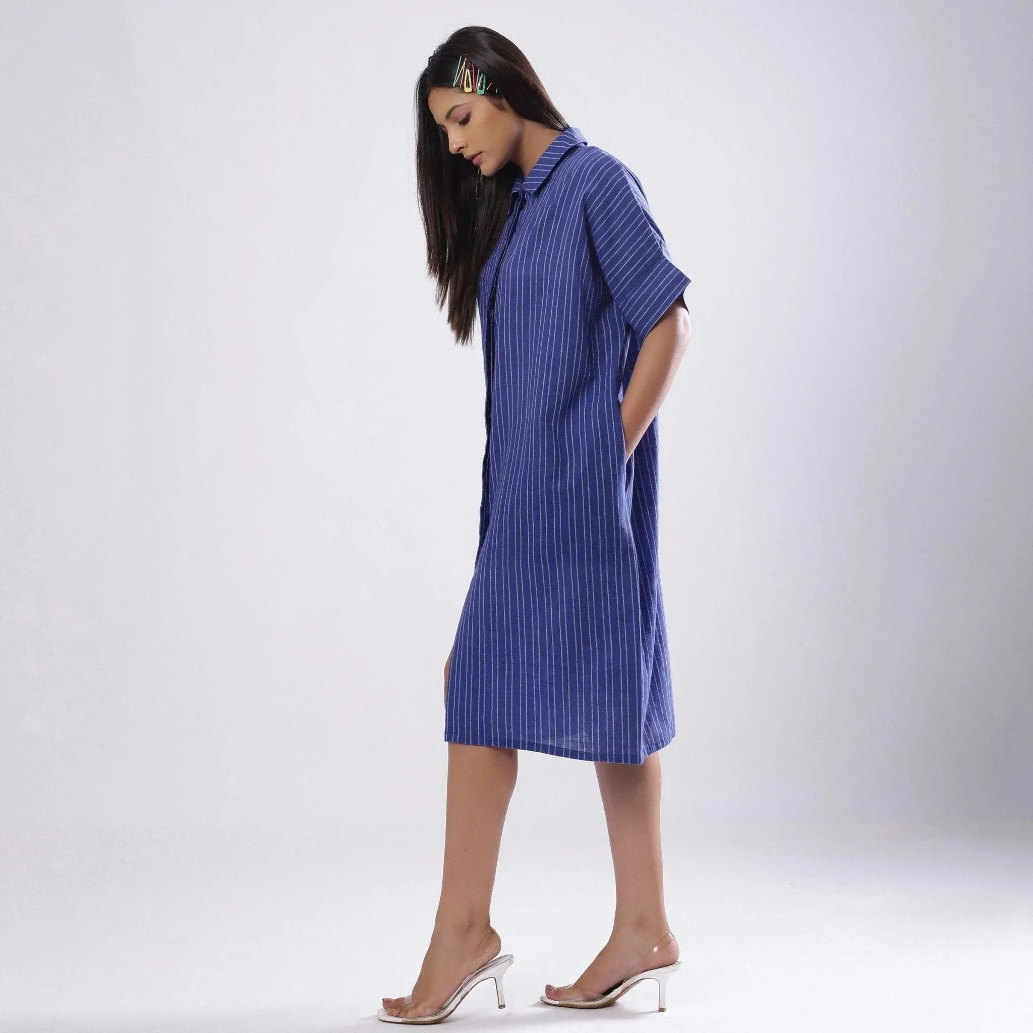 Navy Blue Azo-Free Dyed Cotton Knee Length Shirt Dress