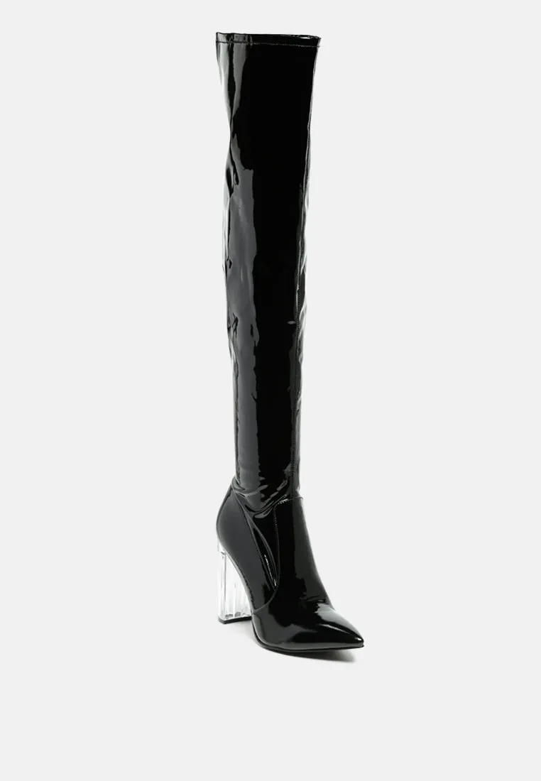 noire thigh high long boots in patent pu by London Rag