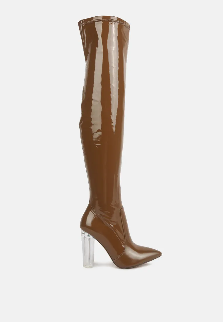 noire thigh high long boots in patent pu by London Rag