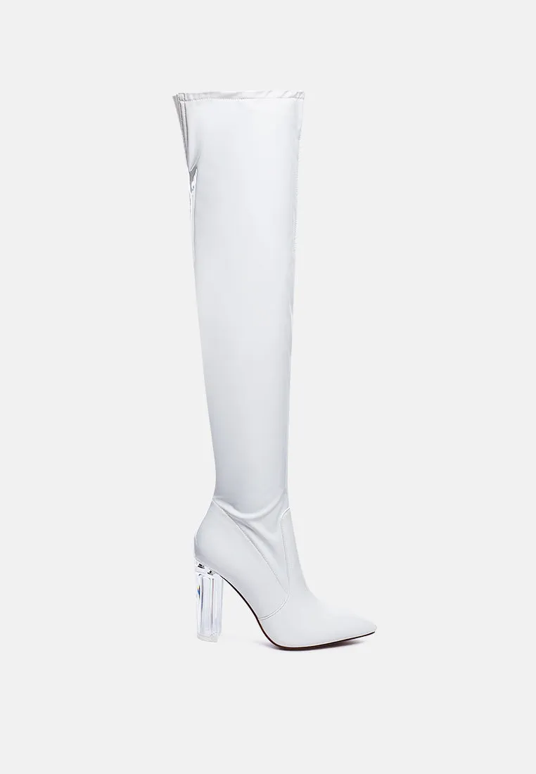 noire thigh high long boots in patent pu by London Rag
