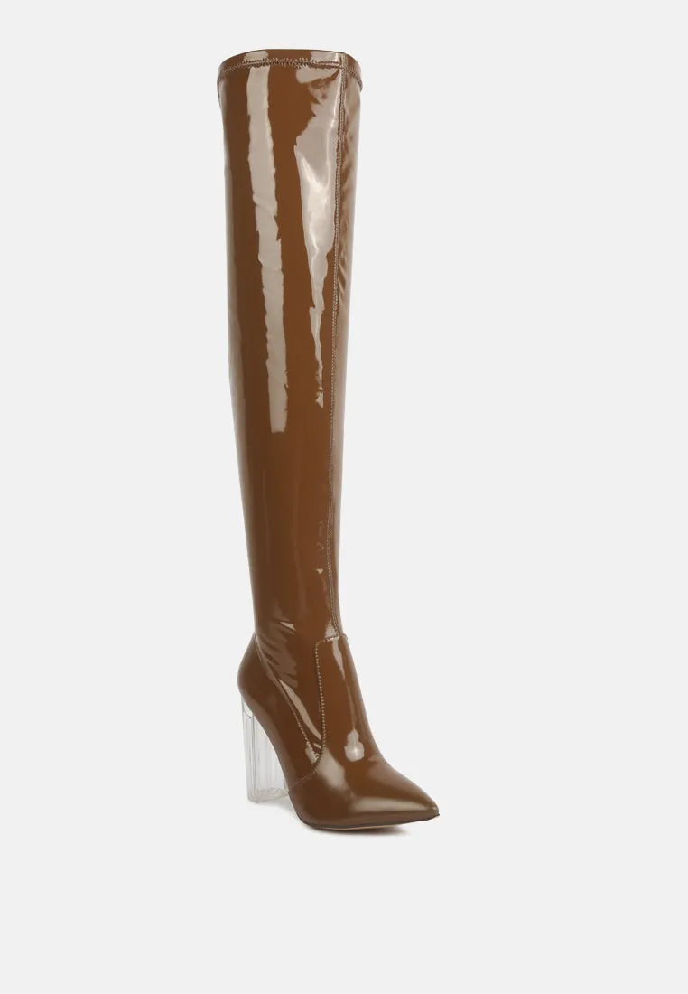 noire thigh high long boots in patent pu by London Rag