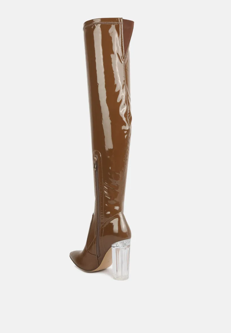 noire thigh high long boots in patent pu by London Rag