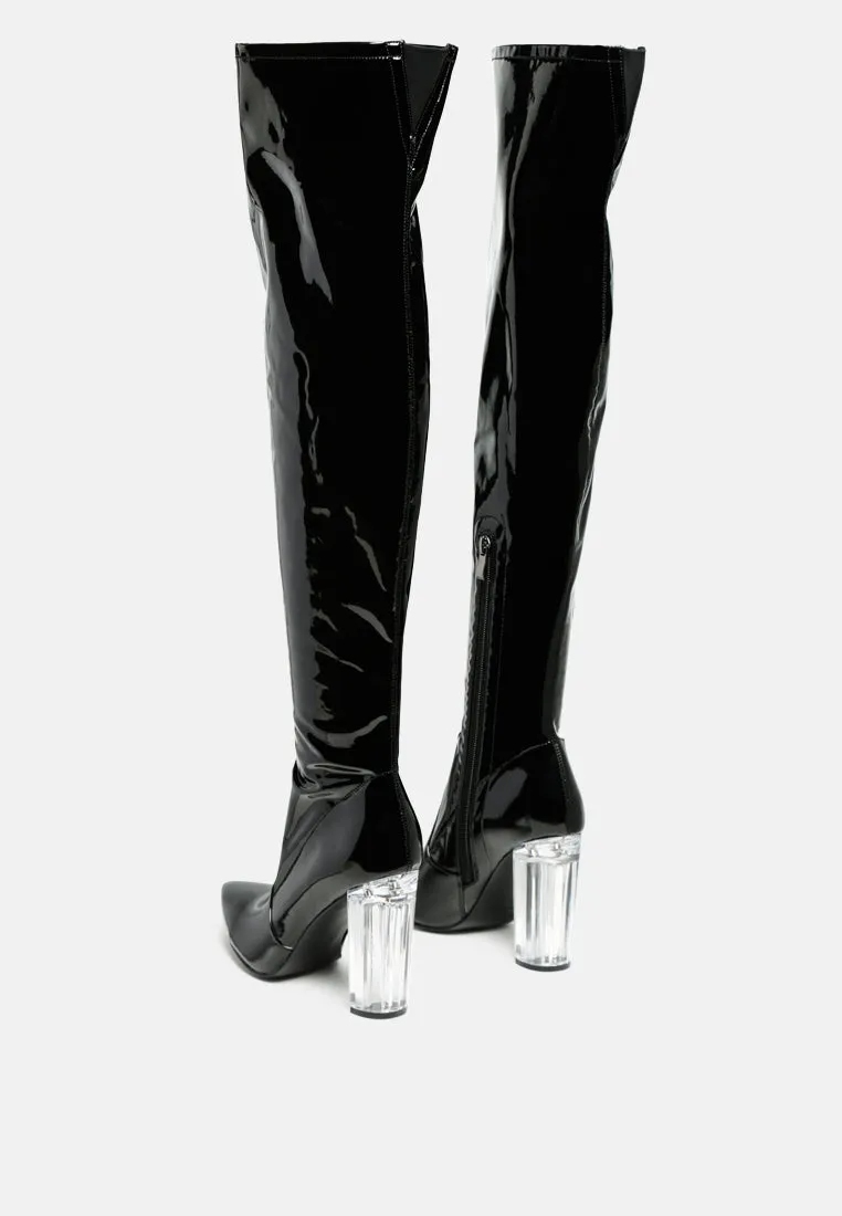 noire thigh high long boots in patent pu by London Rag