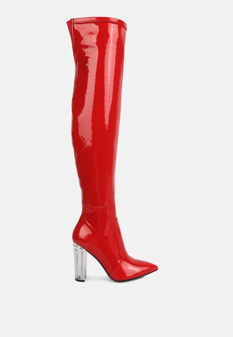 noire thigh high long boots in patent pu by London Rag