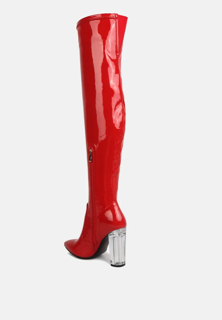 noire thigh high long boots in patent pu by London Rag