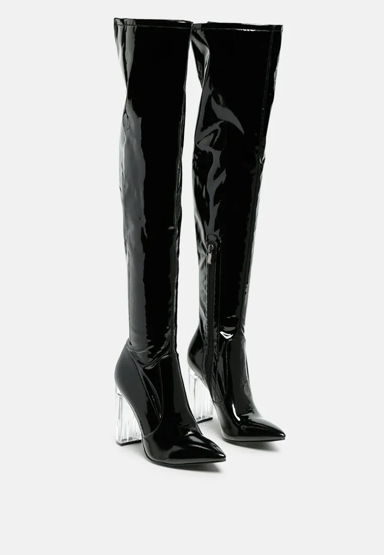 noire thigh high long boots in patent pu by London Rag