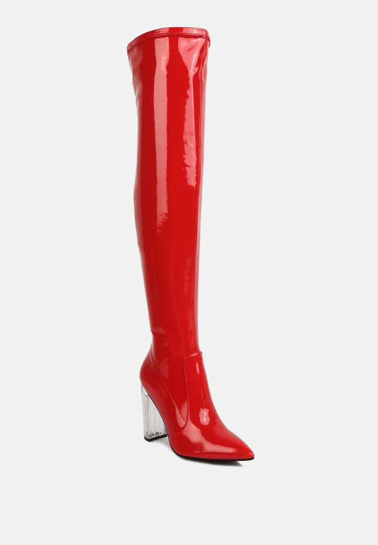 noire thigh high long boots in patent pu by London Rag