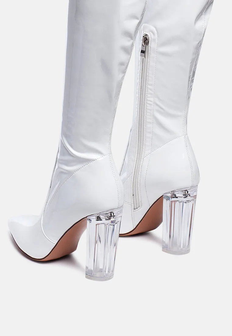 noire thigh high long boots in patent pu by London Rag