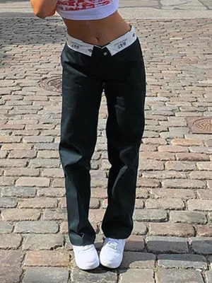 Patchwork Waist Straight Leg Pants