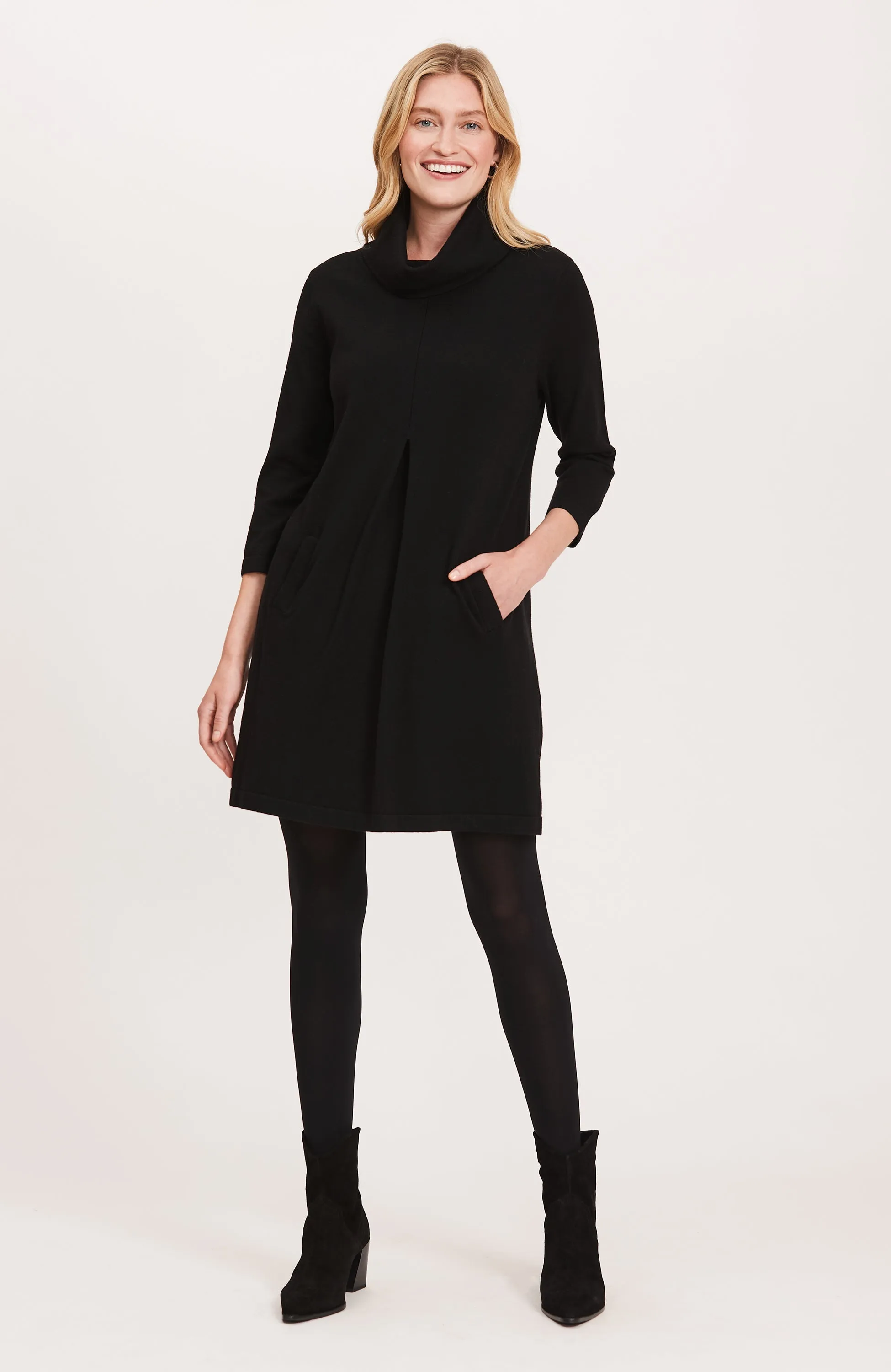 "Kim" Black Cotton Cashmere Cowl Neck Dress