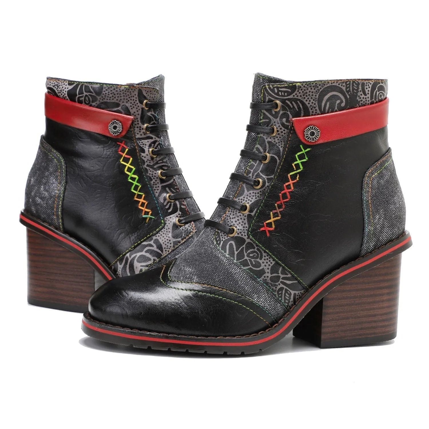 Retro Patchwork Color Contrast Comfort Block Heel Booties