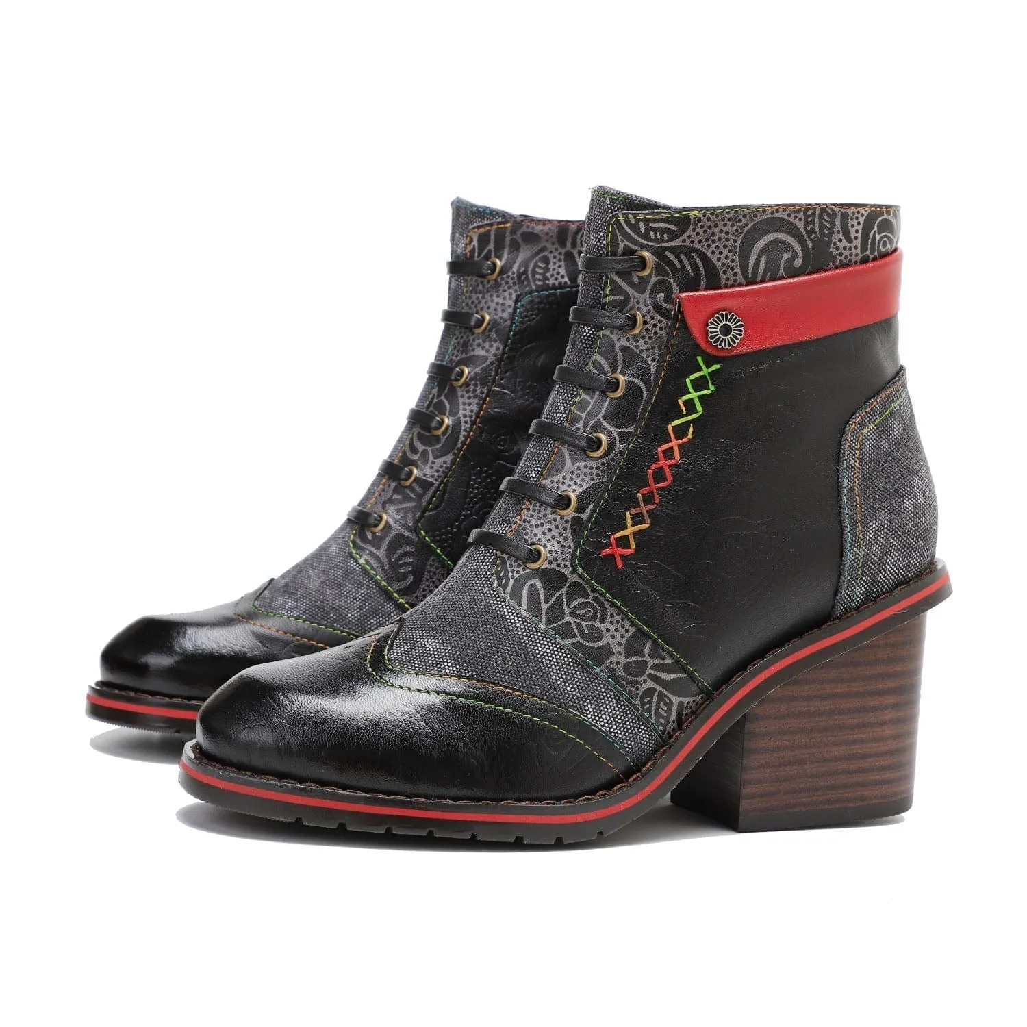 Retro Patchwork Color Contrast Comfort Block Heel Booties