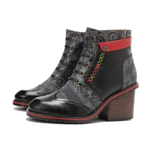 Retro Patchwork Color Contrast Comfort Block Heel Booties