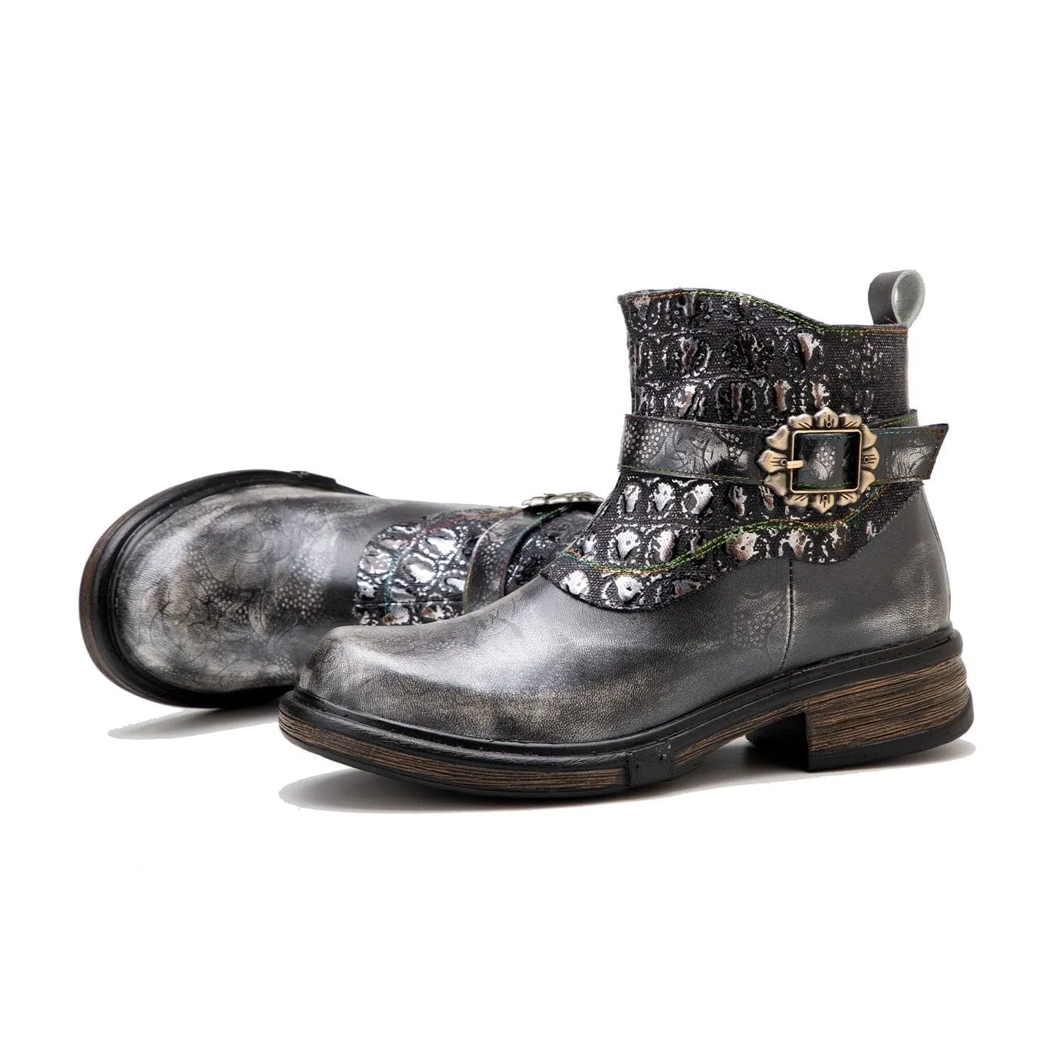 Retro Patchwork Metallic Low Heel Ankle Boots