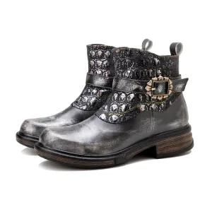Retro Patchwork Metallic Low Heel Ankle Boots