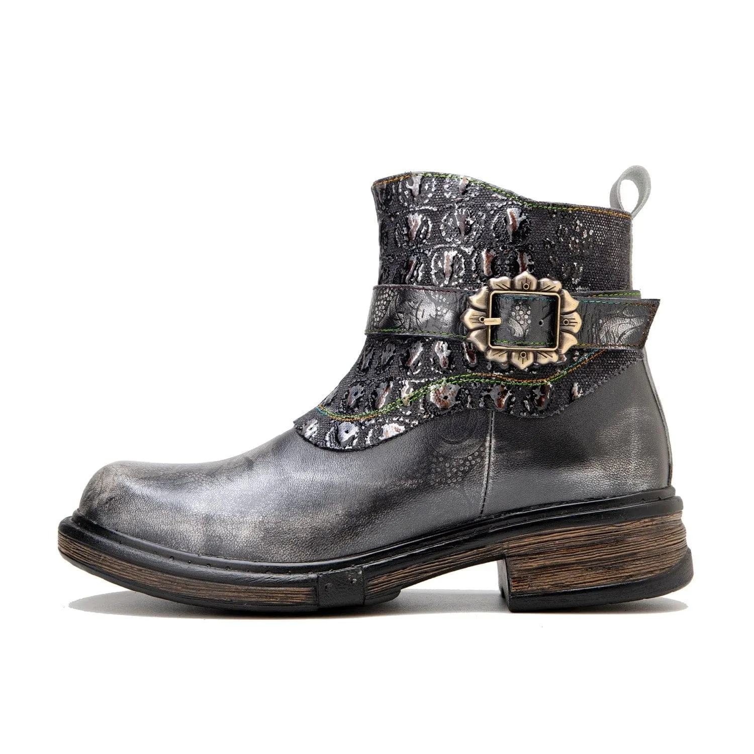 Retro Patchwork Metallic Low Heel Ankle Boots