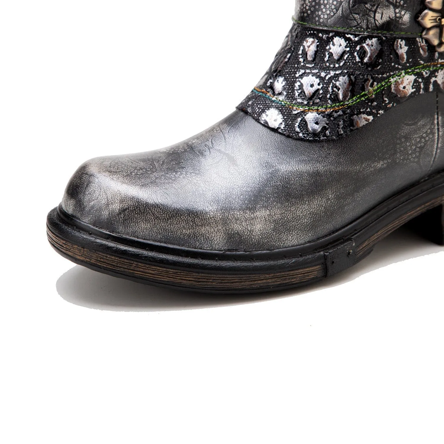 Retro Patchwork Metallic Low Heel Ankle Boots