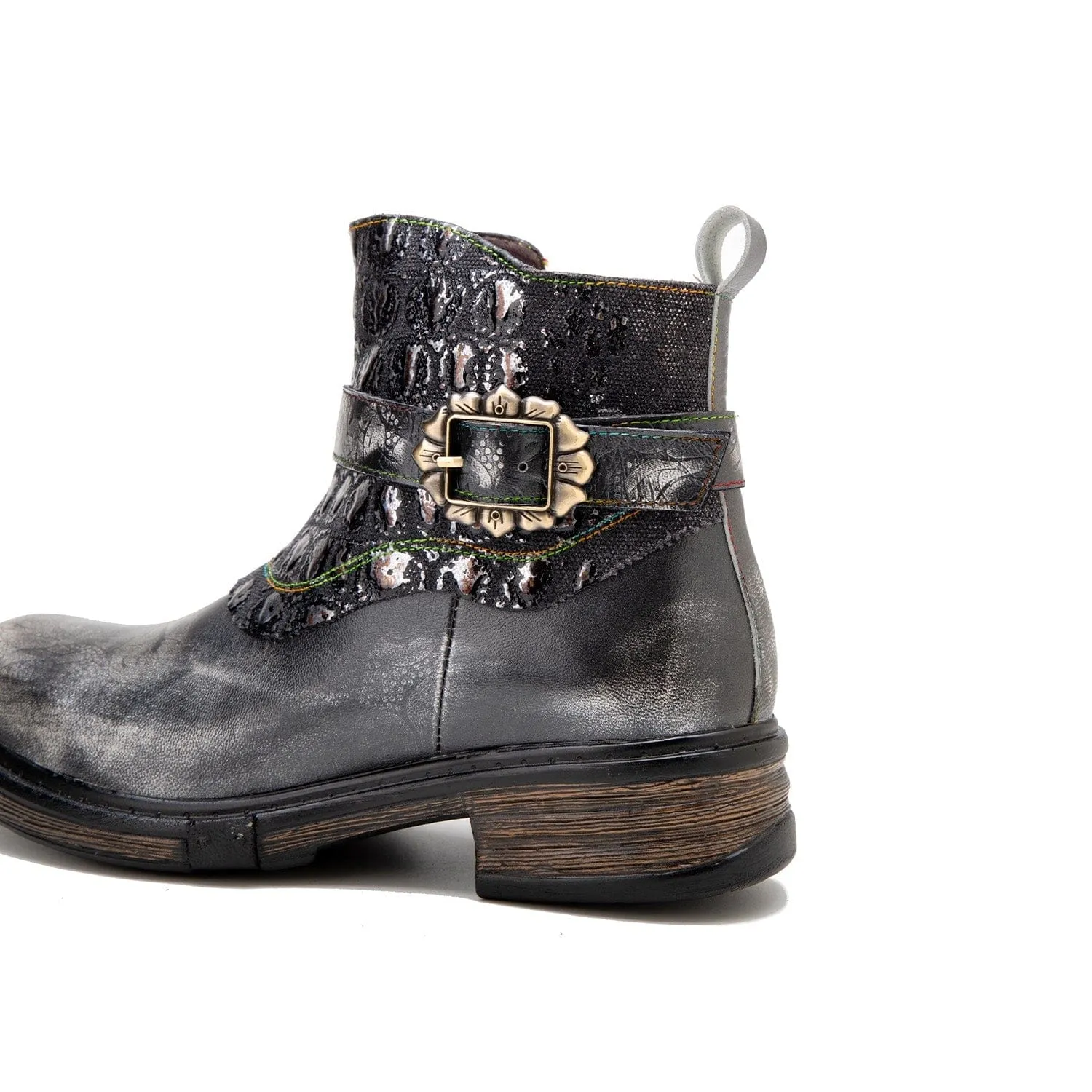 Retro Patchwork Metallic Low Heel Ankle Boots