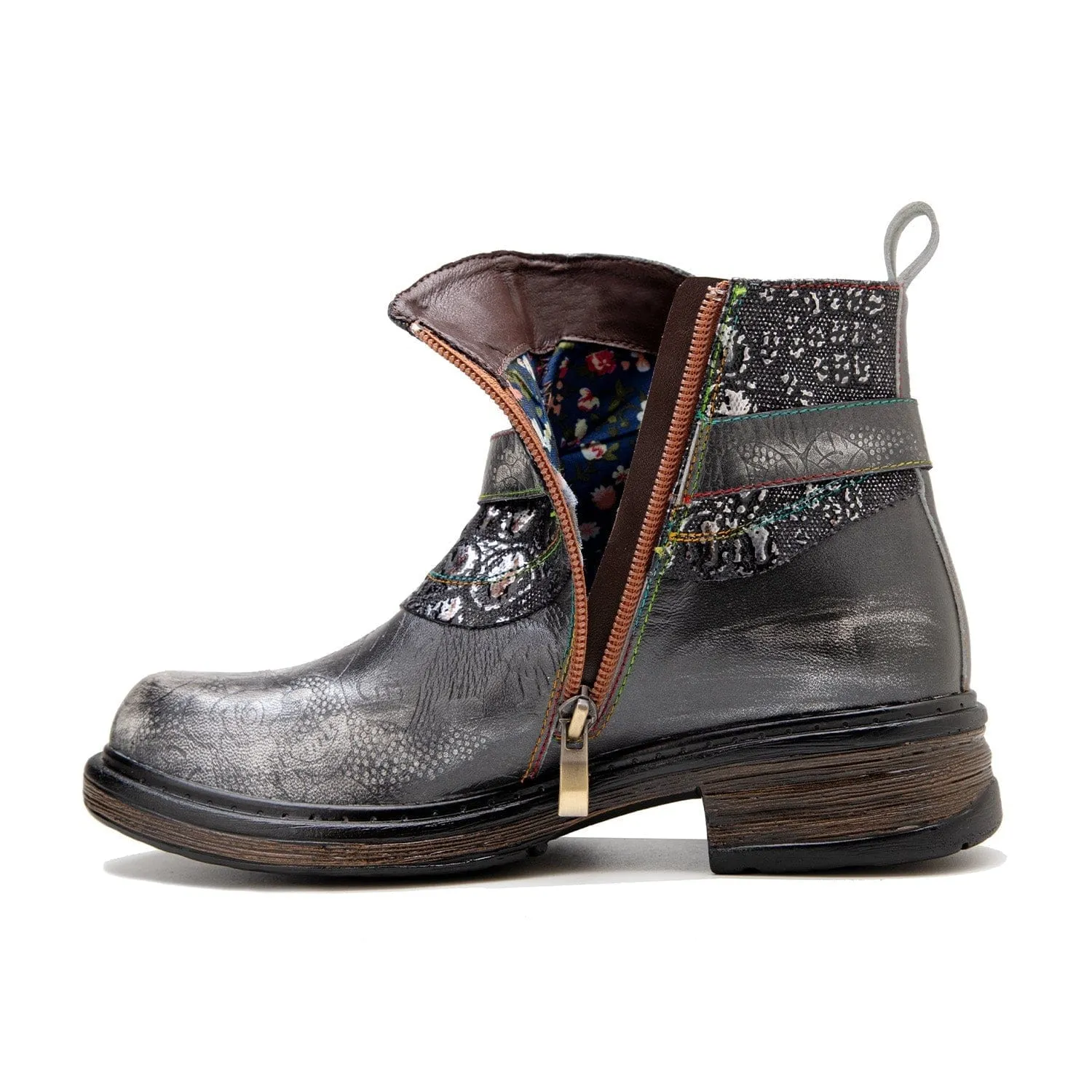 Retro Patchwork Metallic Low Heel Ankle Boots