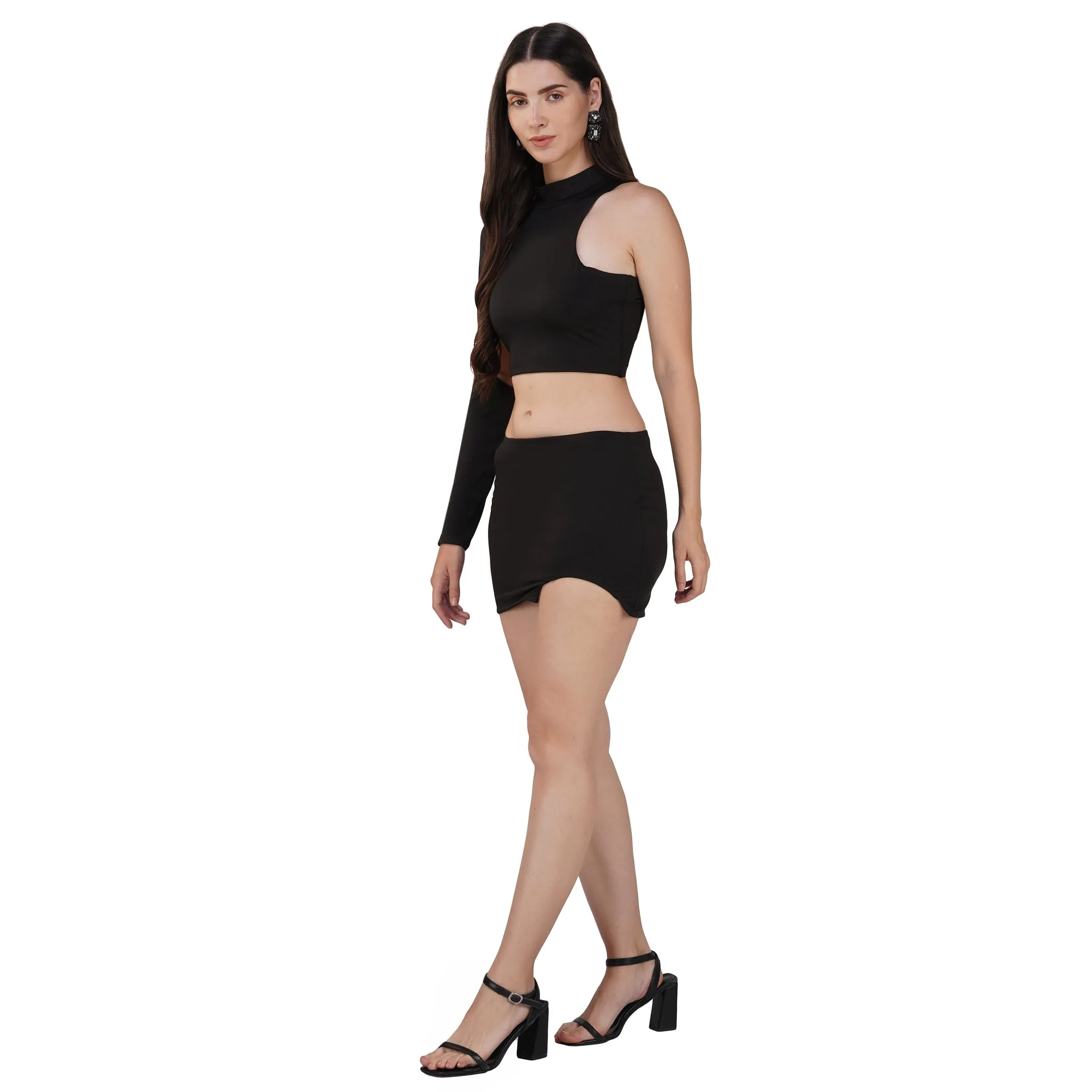 SLAY. Women's Black Asymmetric Cutout Top & Skirt Co ord Set