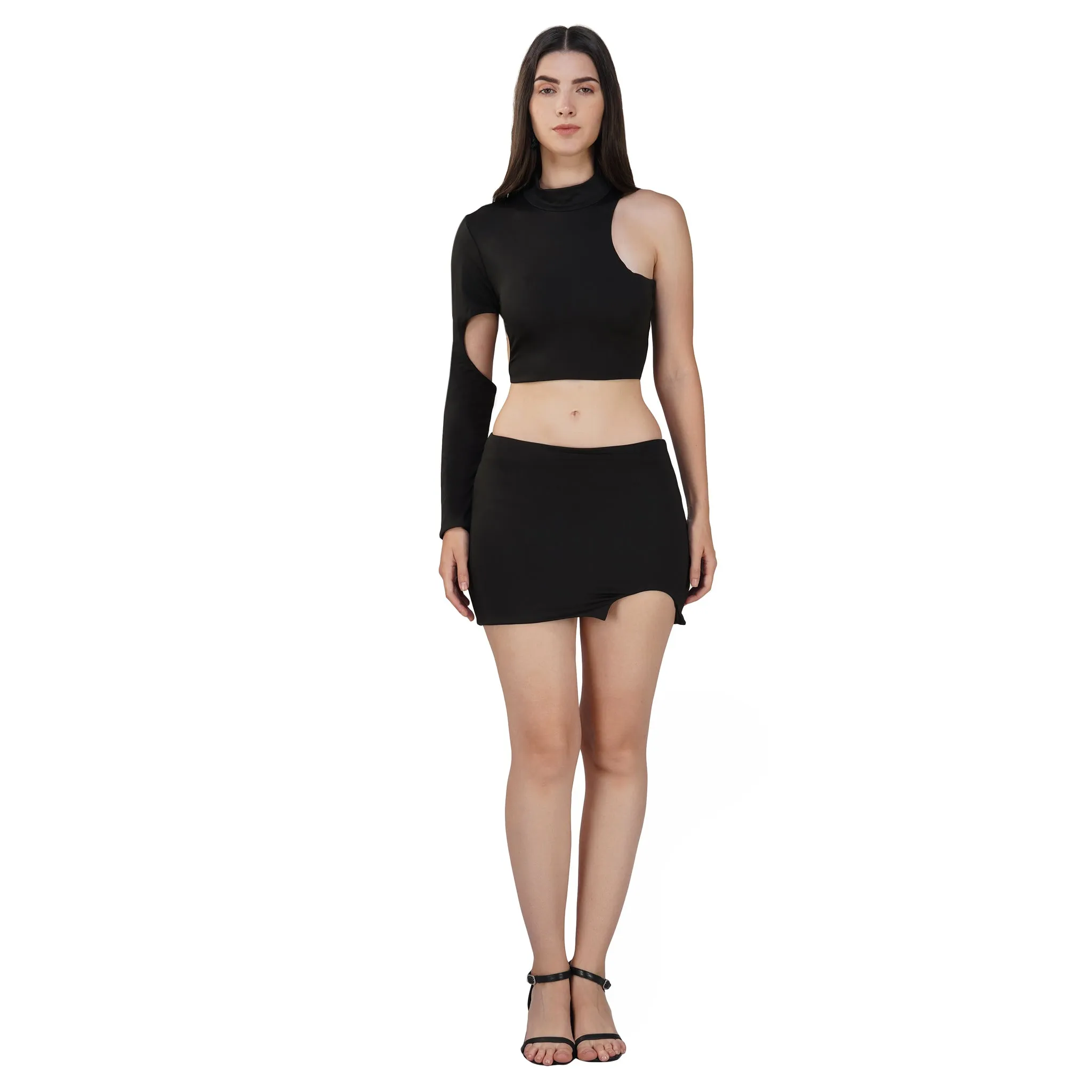 SLAY. Women's Black Asymmetric Cutout Top & Skirt Co ord Set