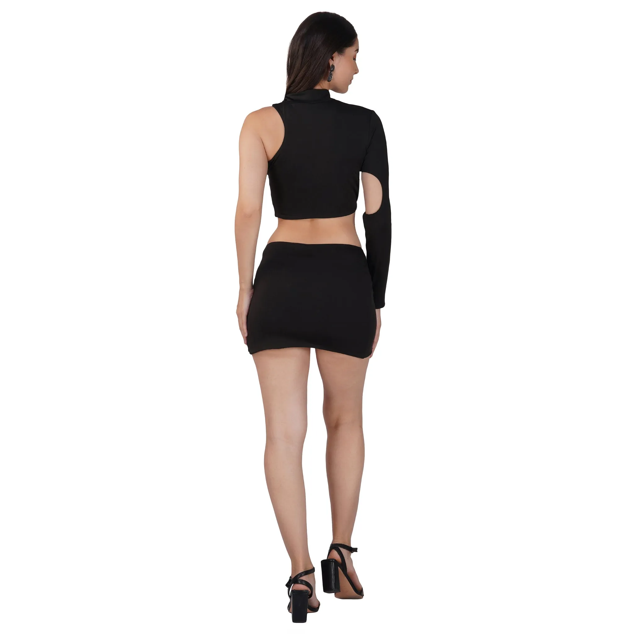 SLAY. Women's Black Asymmetric Cutout Top & Skirt Co ord Set