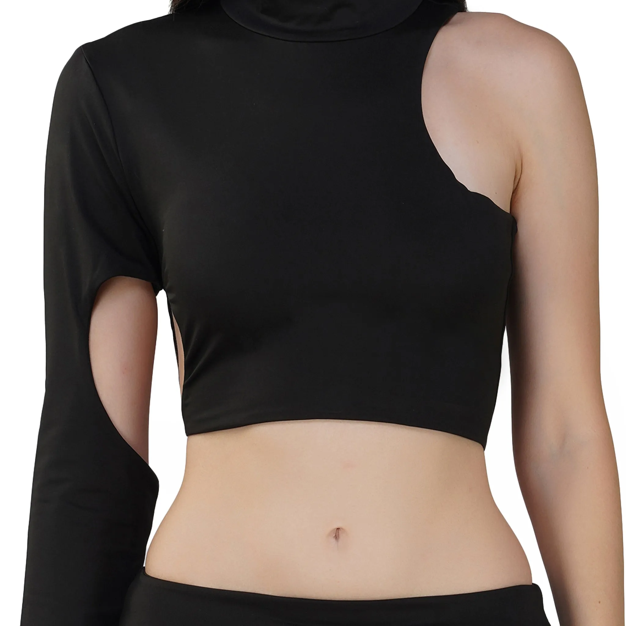 SLAY. Women's Black Asymmetric Cutout Top & Skirt Co ord Set