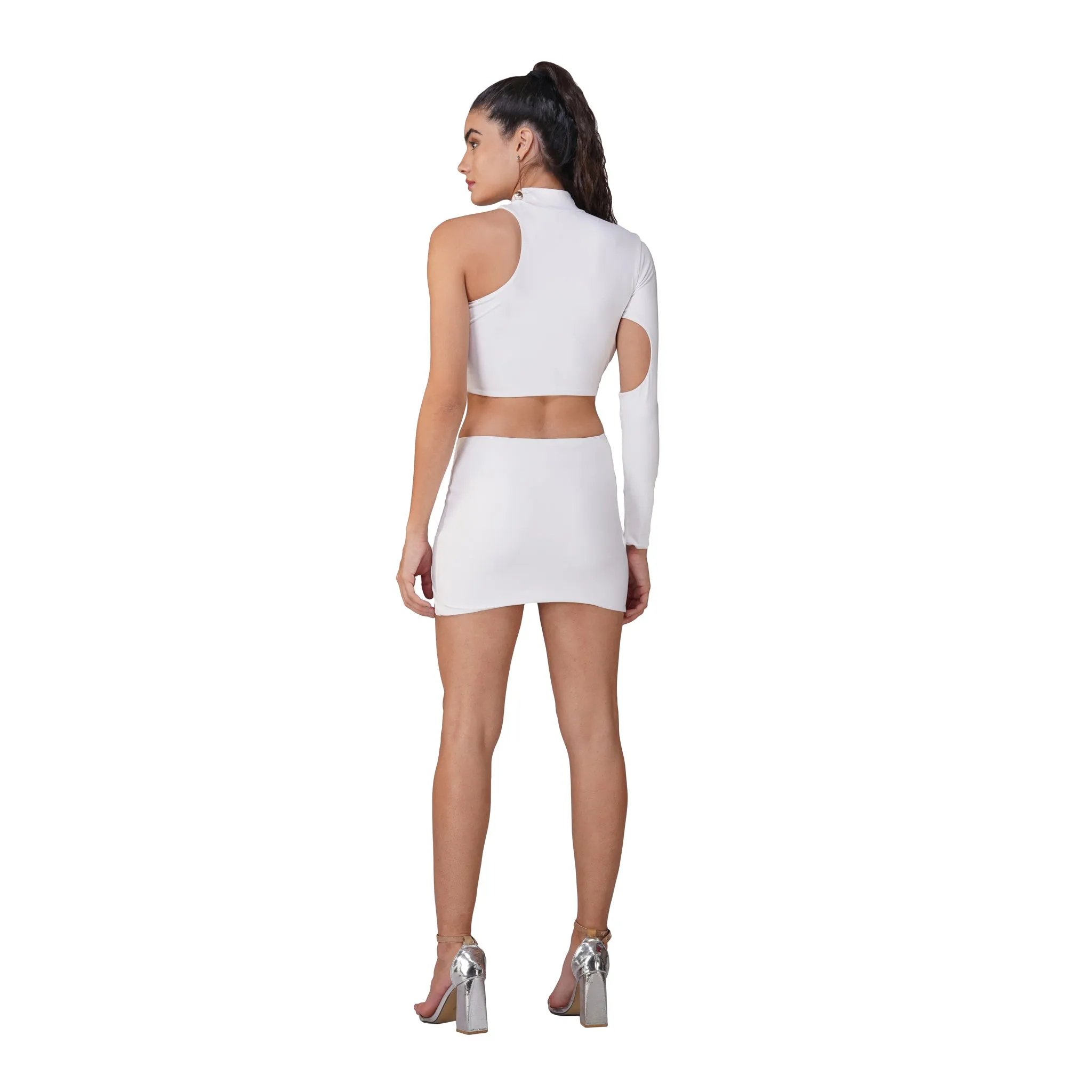 SLAY. Women's White Asymmetric Cutout Top & Skirt Co ord Set