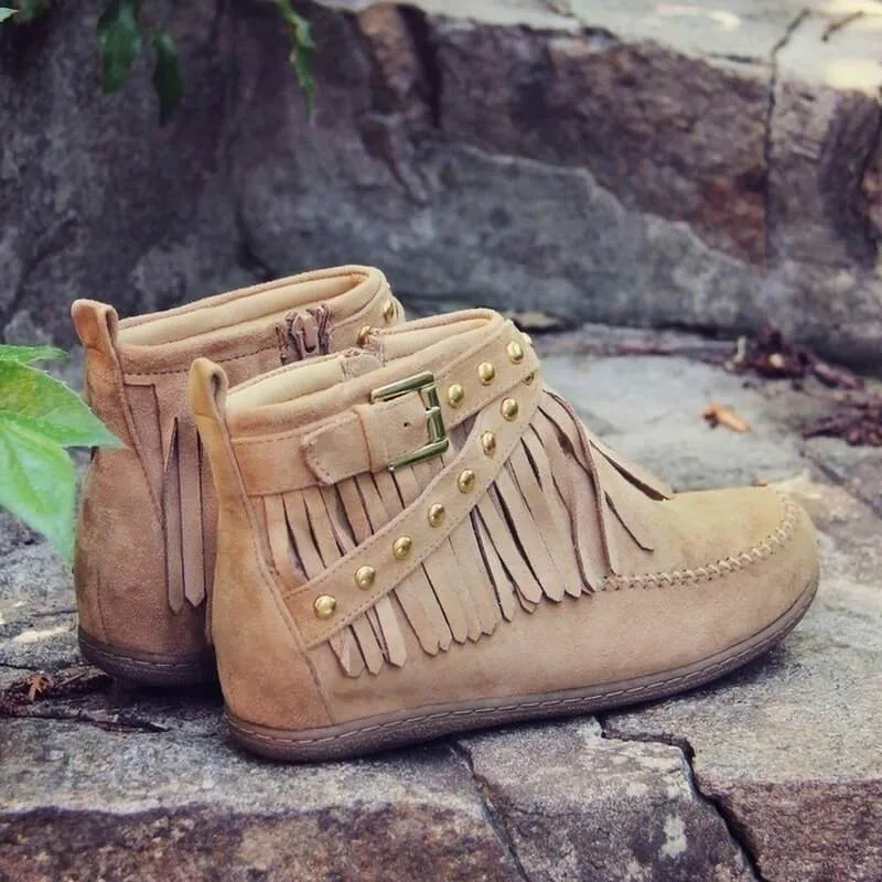 Wedge Flat Buckle Suede Round Toe Ankle Boots