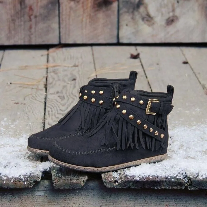 Wedge Flat Buckle Suede Round Toe Ankle Boots