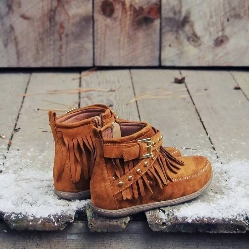 Wedge Flat Buckle Suede Round Toe Ankle Boots