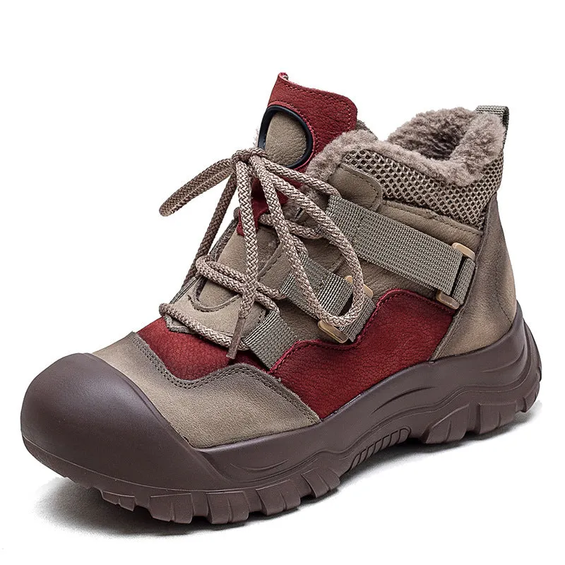 Women Retro Patchwork Leather Winter Furred Ankle Boots