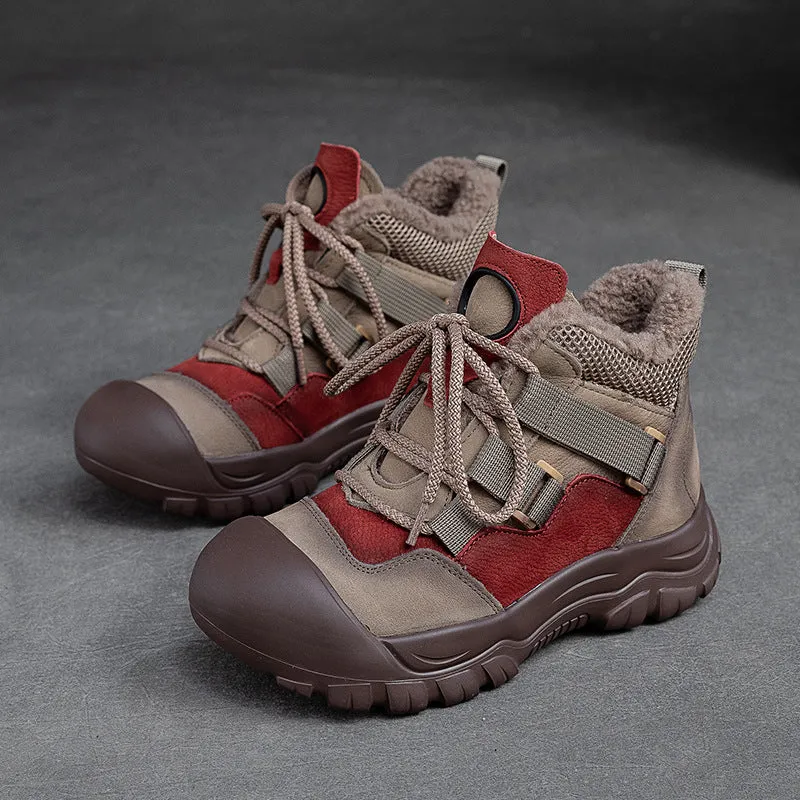 Women Retro Patchwork Leather Winter Furred Ankle Boots