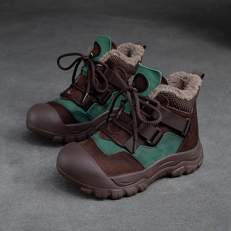 Women Retro Patchwork Leather Winter Furred Ankle Boots