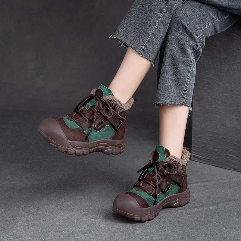 Women Retro Patchwork Leather Winter Furred Ankle Boots