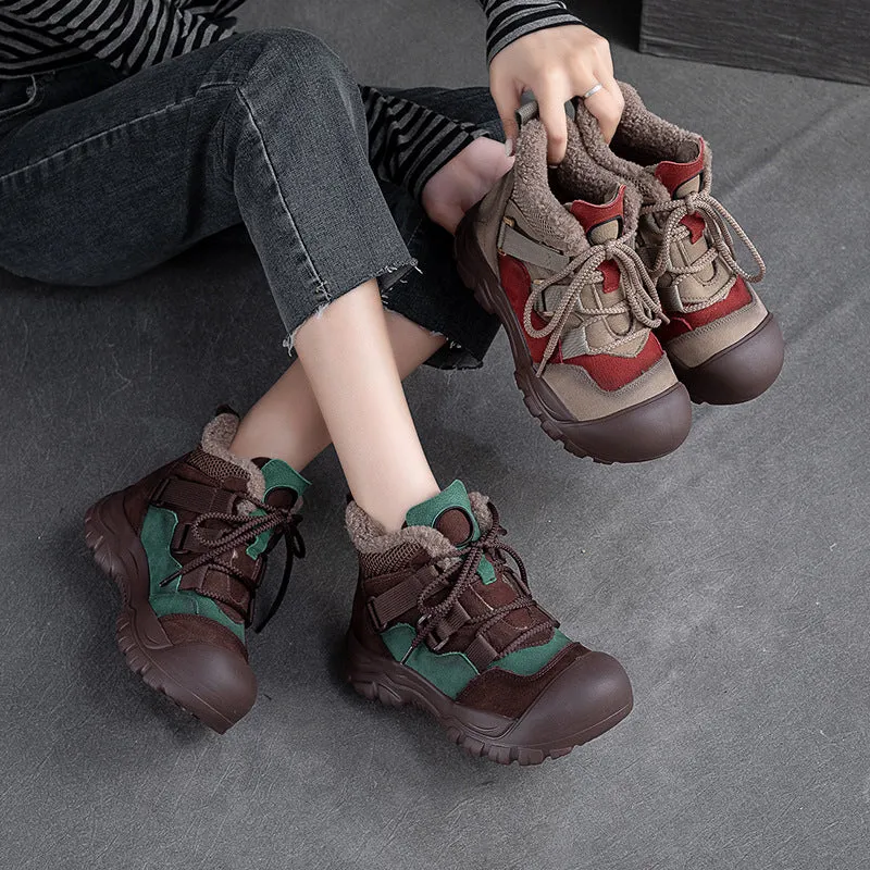 Women Retro Patchwork Leather Winter Furred Ankle Boots