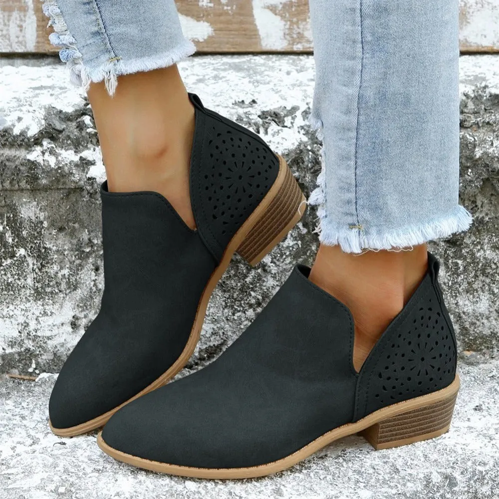 Women's Ankle V Cut Short Boots, Hollow Out Chunky Heel Pointed Toe Shoes, Women's Footwear