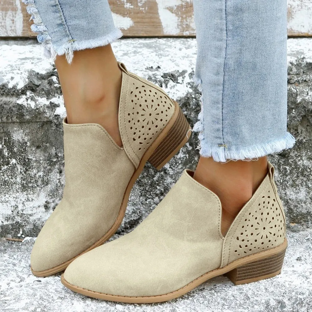 Women's Ankle V Cut Short Boots, Hollow Out Chunky Heel Pointed Toe Shoes, Women's Footwear