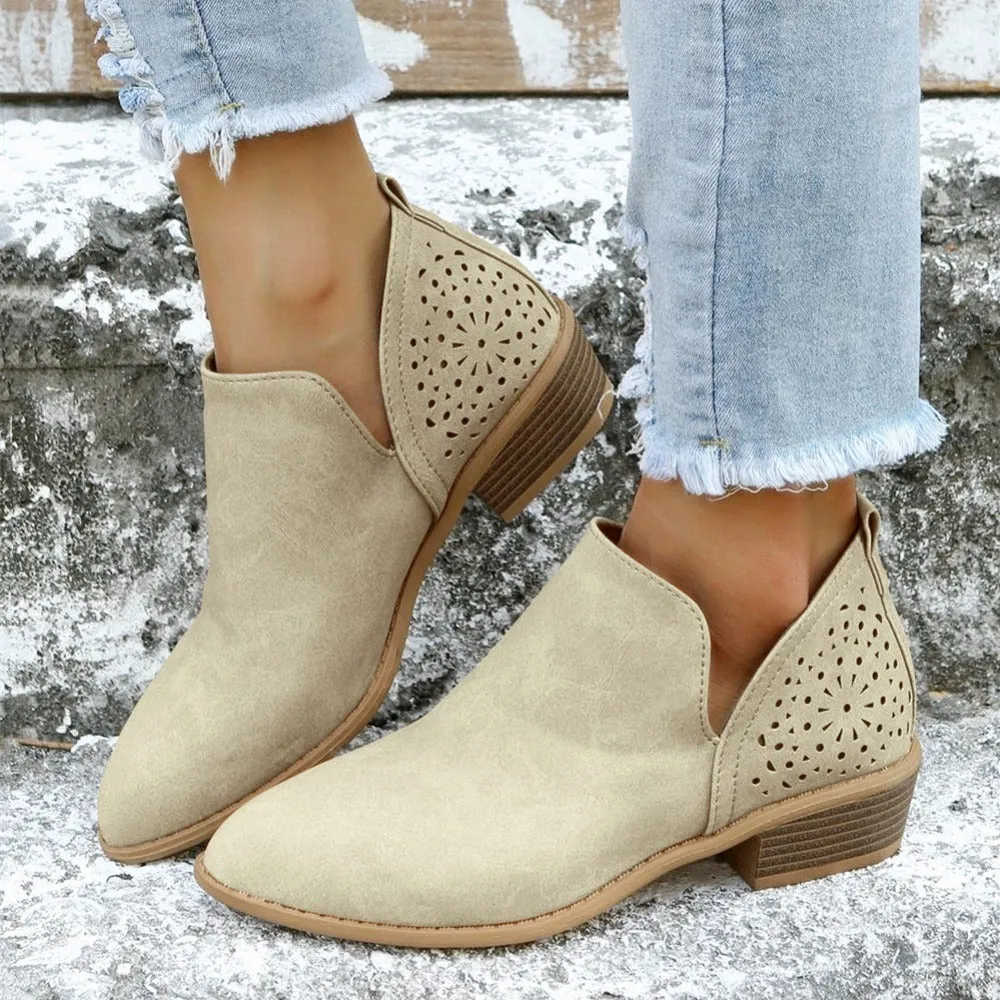 Women's Ankle V Cut Short Boots, Hollow Out Chunky Heel Pointed Toe Shoes, Women's Footwear