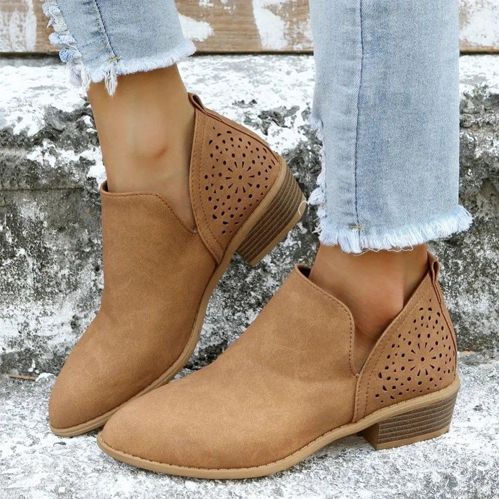 Women's Ankle V Cut Short Boots, Hollow Out Chunky Heel Pointed Toe Shoes, Women's Footwear