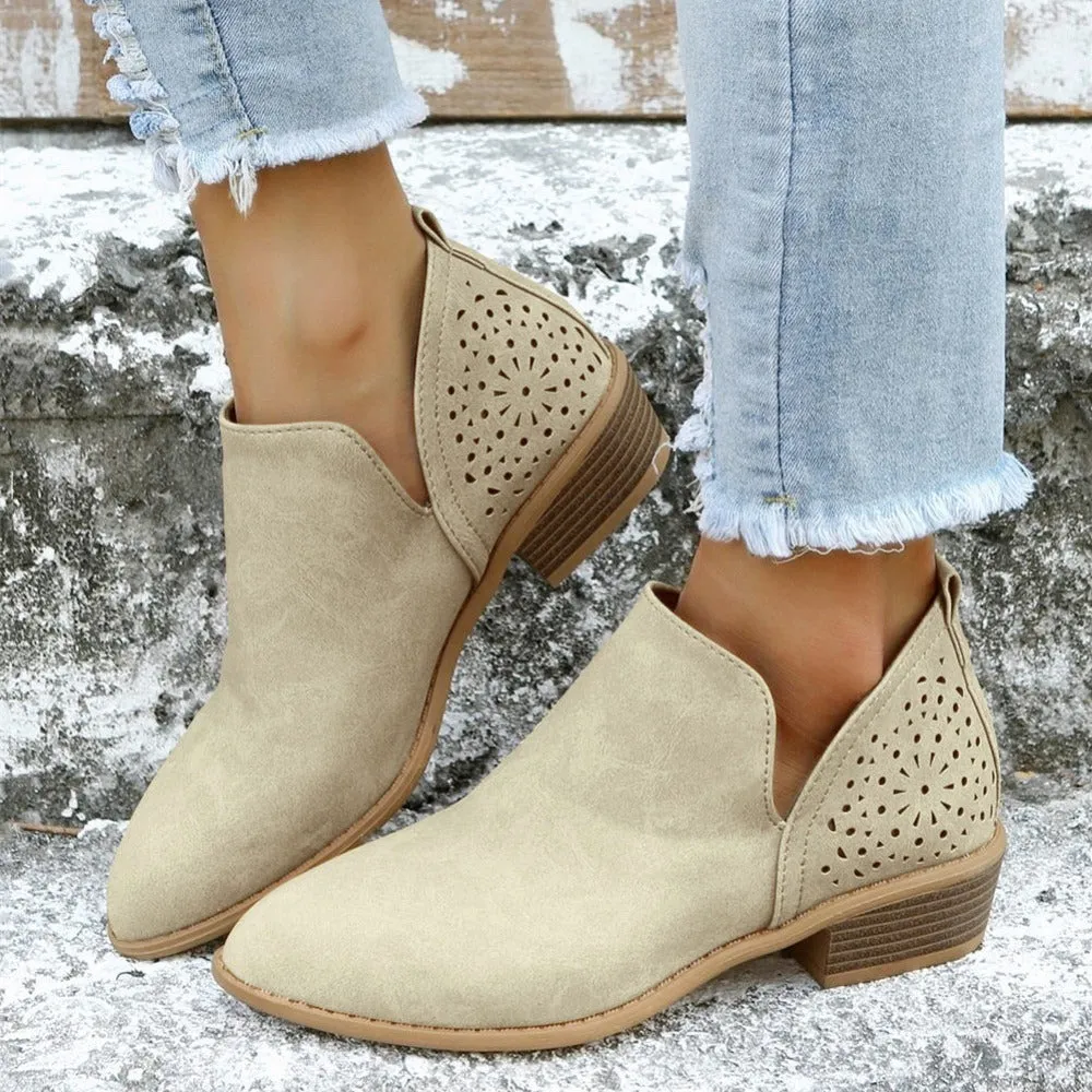 Women's Ankle V Cut Short Boots, Hollow Out Chunky Heel Pointed Toe Shoes, Women's Footwear