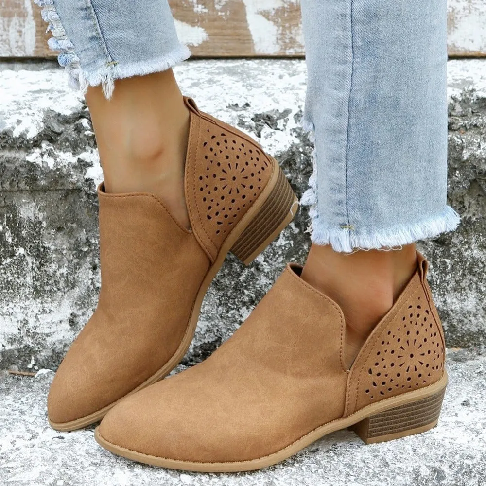 Women's Ankle V Cut Short Boots, Hollow Out Chunky Heel Pointed Toe Shoes, Women's Footwear