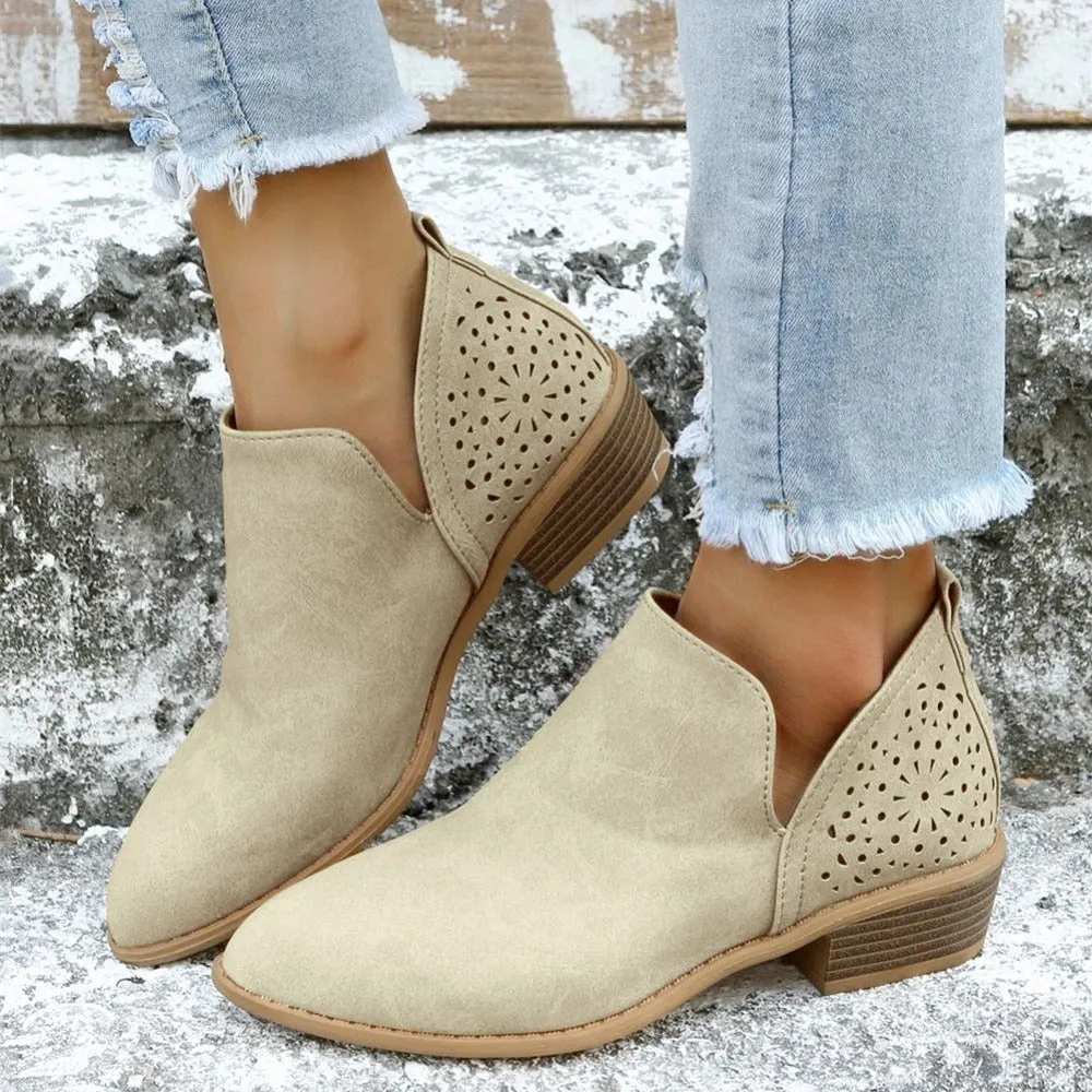 Women's Ankle V Cut Short Boots, Hollow Out Chunky Heel Pointed Toe Shoes, Women's Footwear